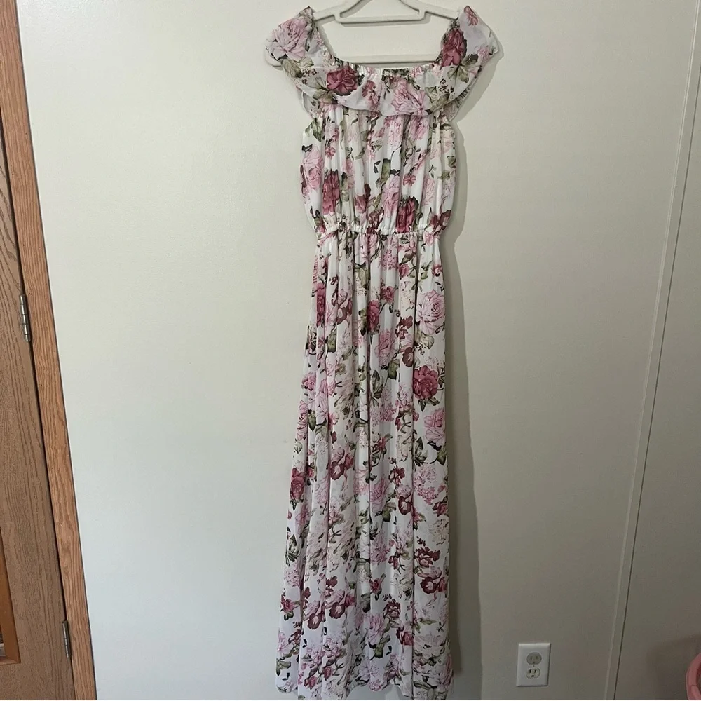 Girls White Maxi Dress with Pink Floral Print and Ruffle Neck